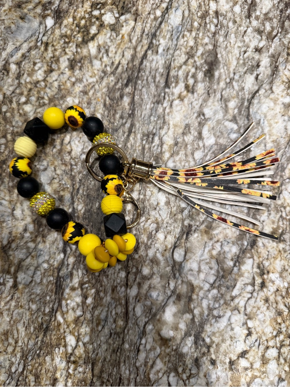 Sunflower Yellow & Black Beaded Keychain Bracelet with Floral Tassel